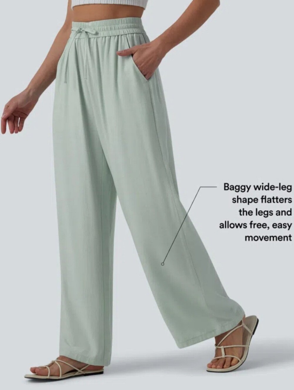 HALARA Sage Green Wide Leg Linen Drawstring Pants - Picture 2 of 5